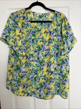 Counterparts Yellow Floral Short Sleeve Shirt with Blue and Green Print As Is